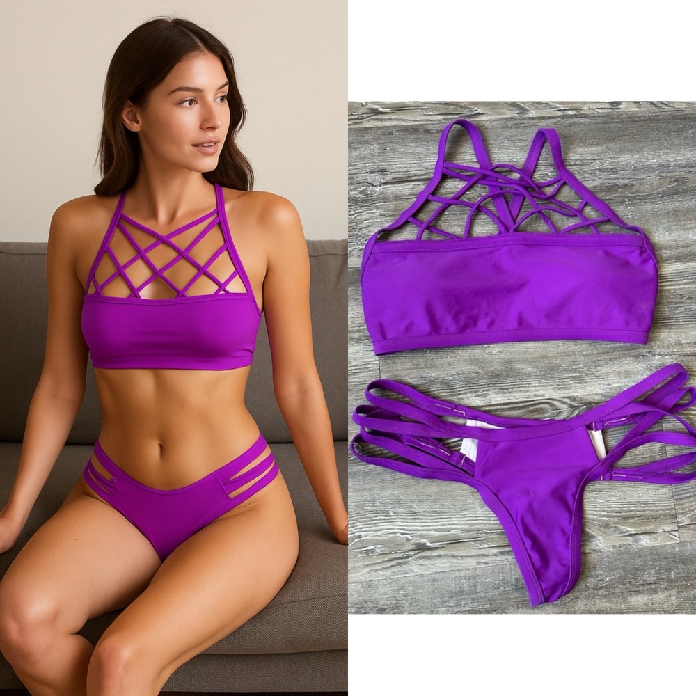 Two piece purple thong, crisscross bikini